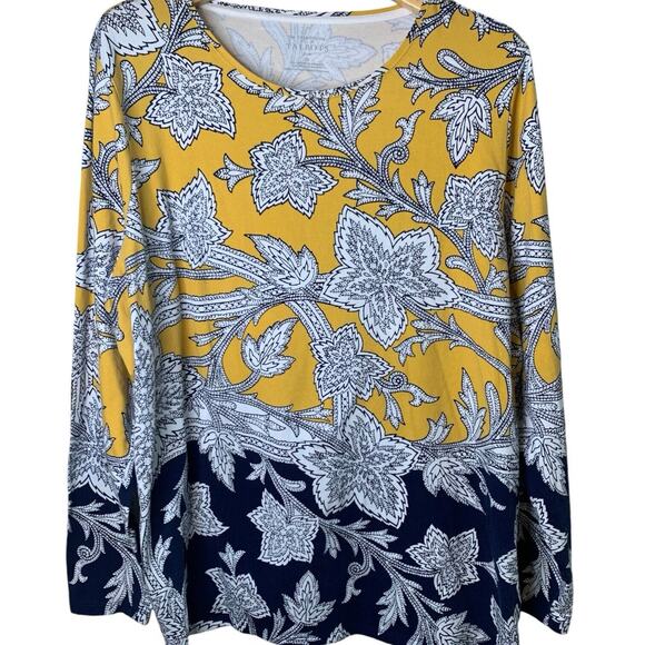 Talbots Tee Women's Size 2x Long Sleeve Yellow Navy Peasant Floral Artsy Stretch - Picture 1 of 6